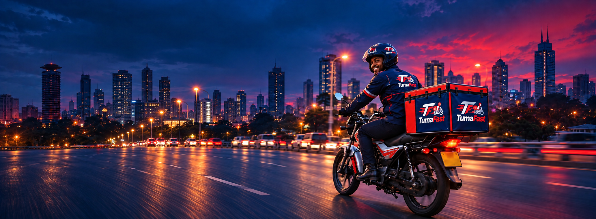 TumaFast courier riding through Nairobi at dusk