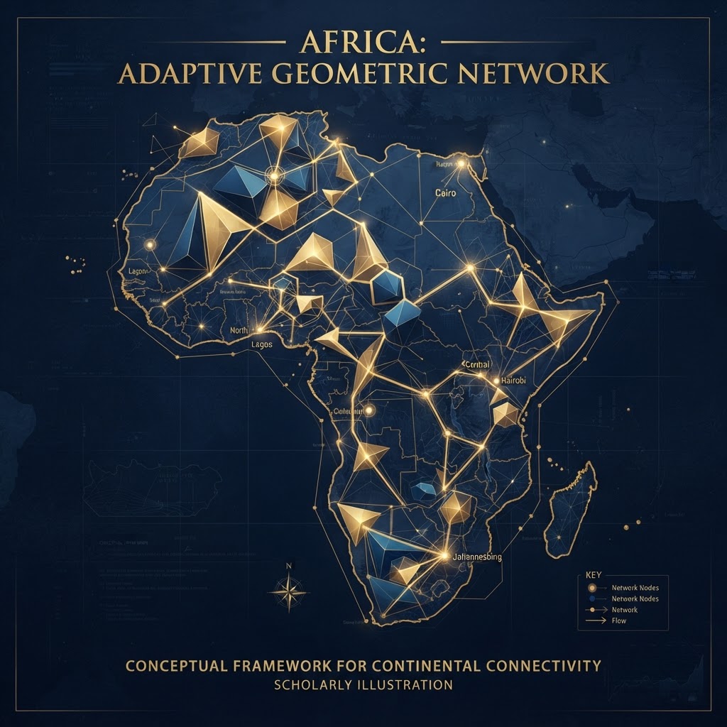 Abstract representation of interconnected governance networks over a stylized African continent.