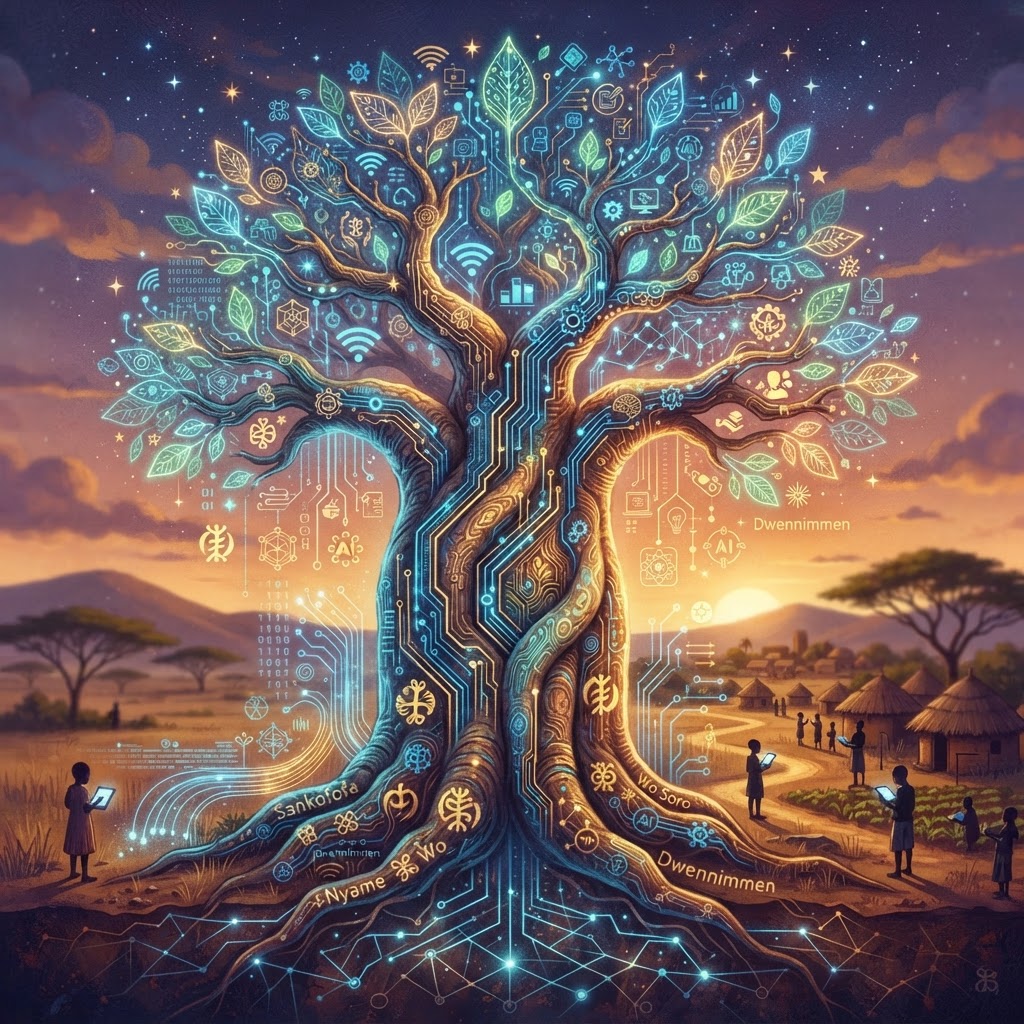 A stylized tree graphic merging nature and modern technical education symbols, representing indigenous TVET integration.