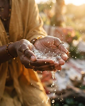 The Priestess's hands cupping clear water at golden hour