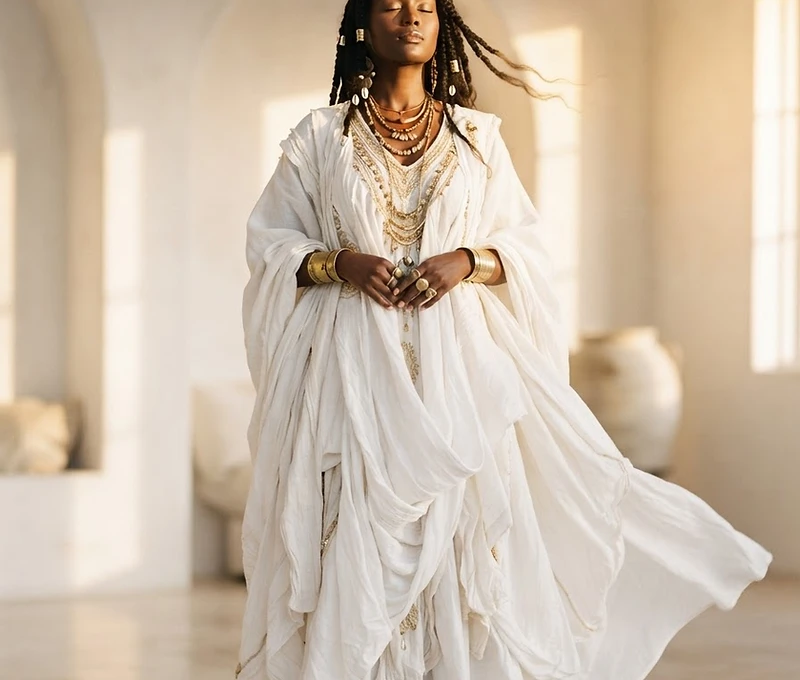 The Goddess Priestess in flowing white linen at golden hour