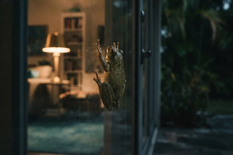 Cuban tree frog clinging to the outside of a lit sliding glass door at night
