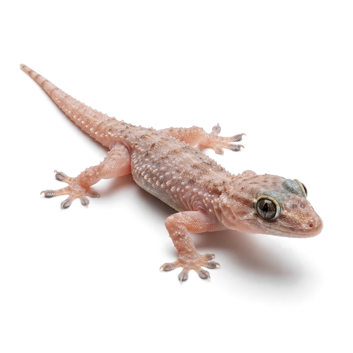 Tropical house gecko with pinkish-tan translucent skin
