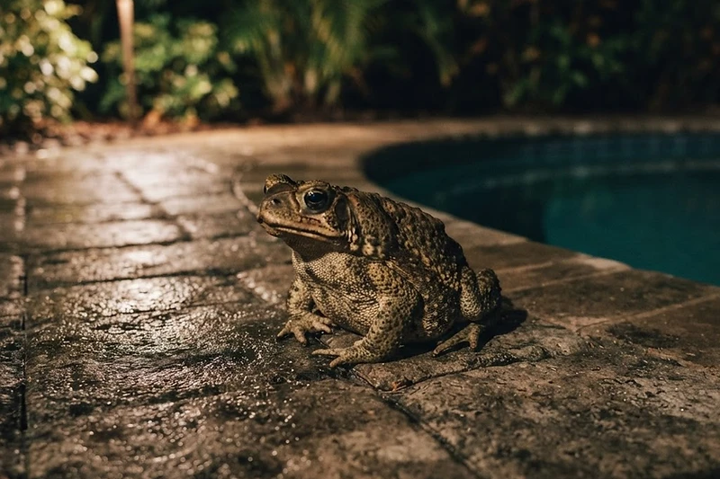 Cane toad on a wet paver pool deck under warm landscape lighting at night