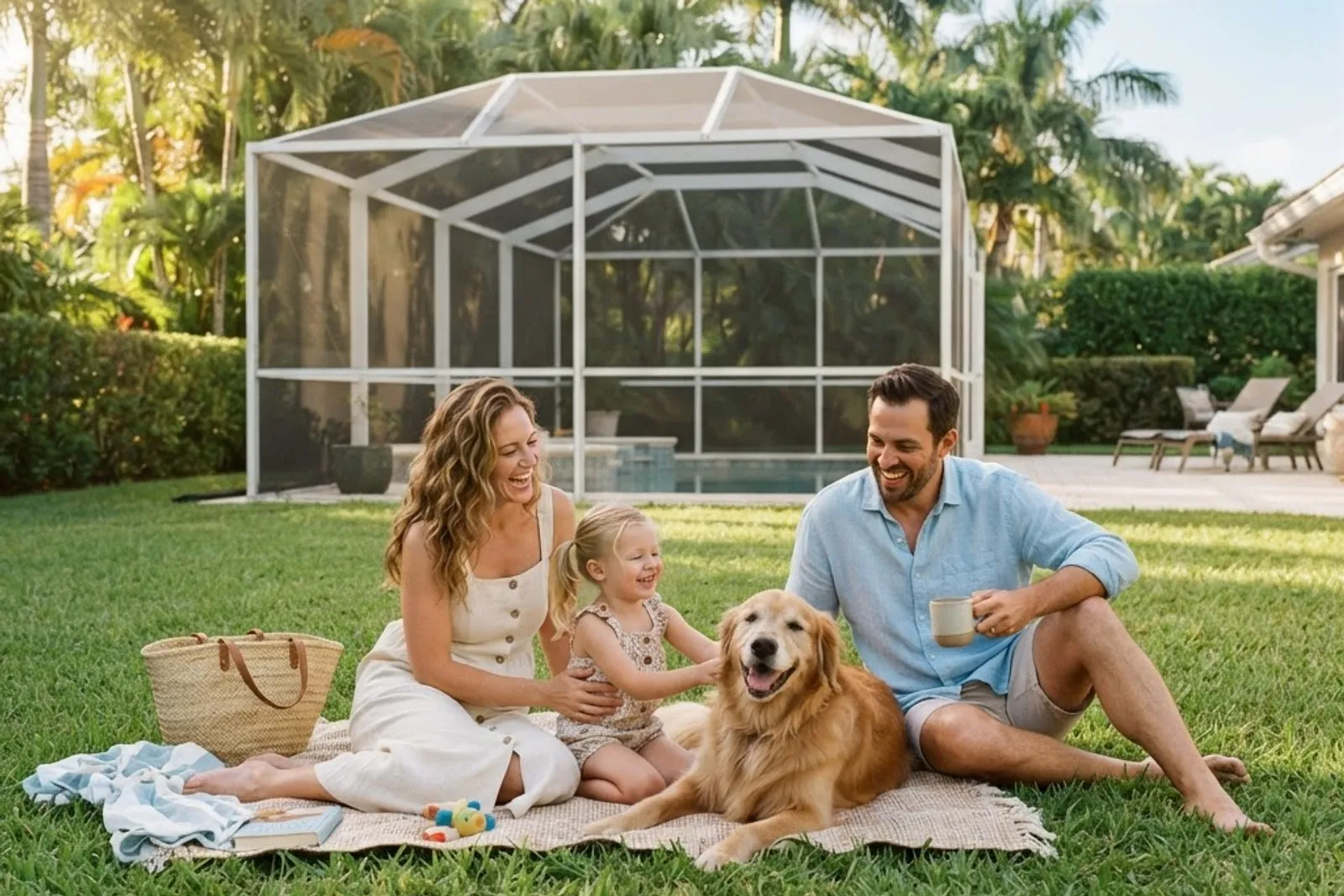 Family and their dog on a bright South Florida lawn in front of a screened pool enclosure on a warm morning