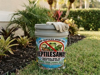The ReptilesAway 5-gallon bucket on the grass beside a mulched tropical garden bed