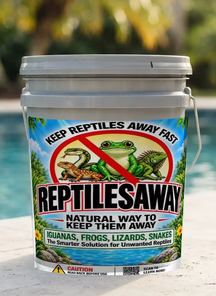 ReptilesAway 5-gallon grey bucket with the ReptilesAway label on a pool deck