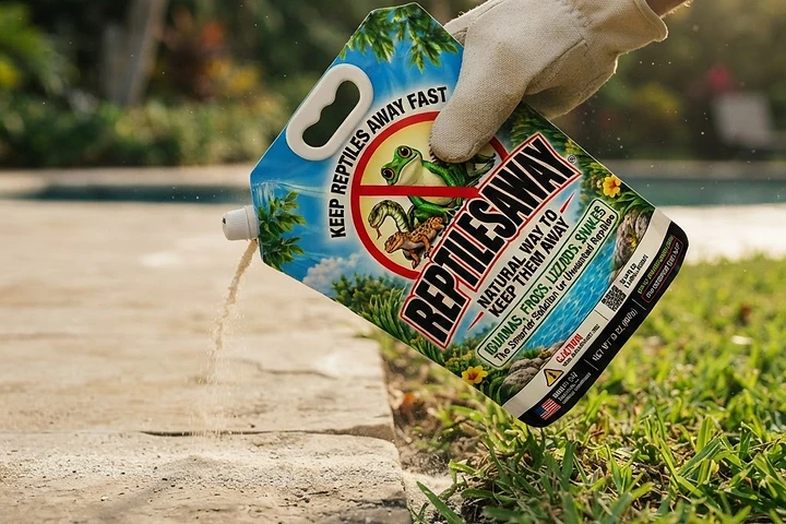 A gloved hand tilting the ReptilesAway 32 oz pouch mid-application, shaking a band of powder along the edge where pavers meet the lawn