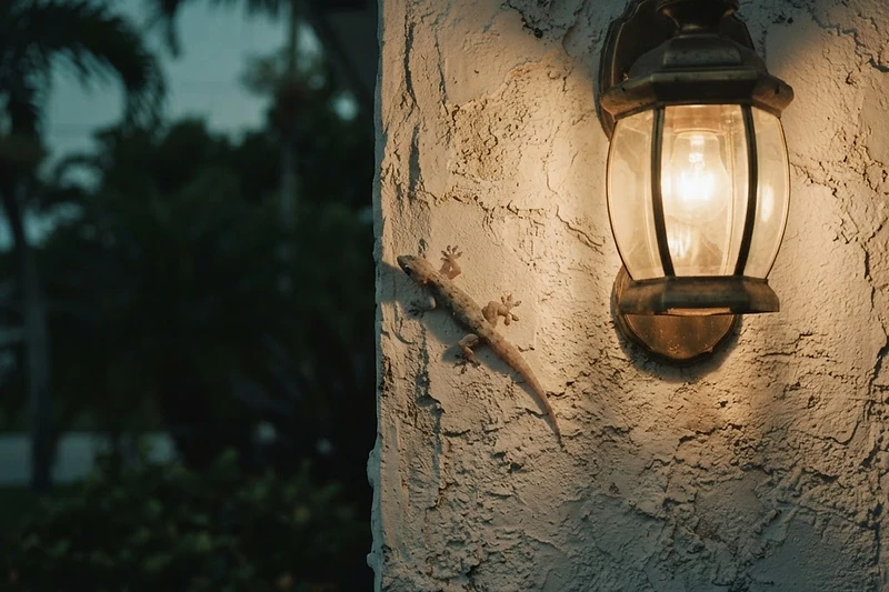 Pale house gecko on a white stucco wall next to a glowing porch light at dusk