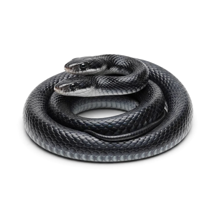 Southern black racer snake coiled, glossy black