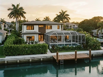 Canal-front South Florida home with a concrete seawall cap, wooden dock, and screened pool enclosure at golden hour
