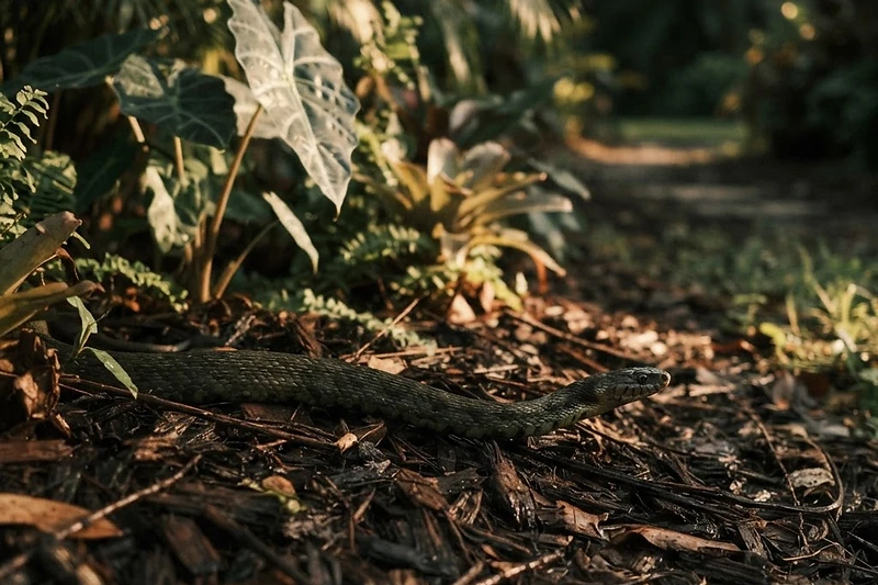 Non-venomous snake moving through dark mulch at the edge of a tropical garden bed