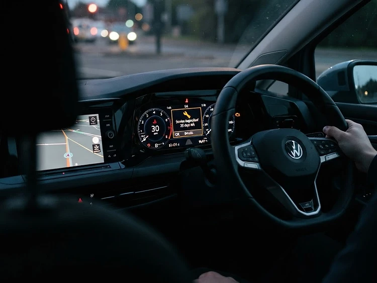 Right-hand drive UK Volkswagen dashboard showing service and warning indicators — VW Group specialist JVS Telford