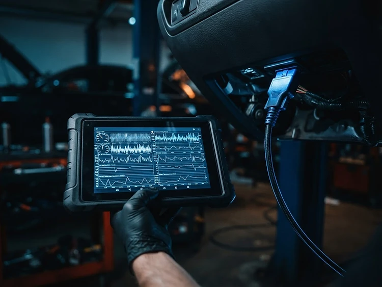 Diagnostic tablet and equipment in use at Jono's Vehicle Solutions, Telford