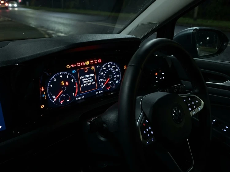 Right-hand drive UK car dashboard at night with red, amber and blue warning lights illuminated