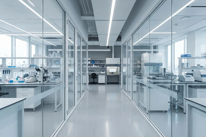 Modern minimalist medical laboratory with clean lines and glass partitions