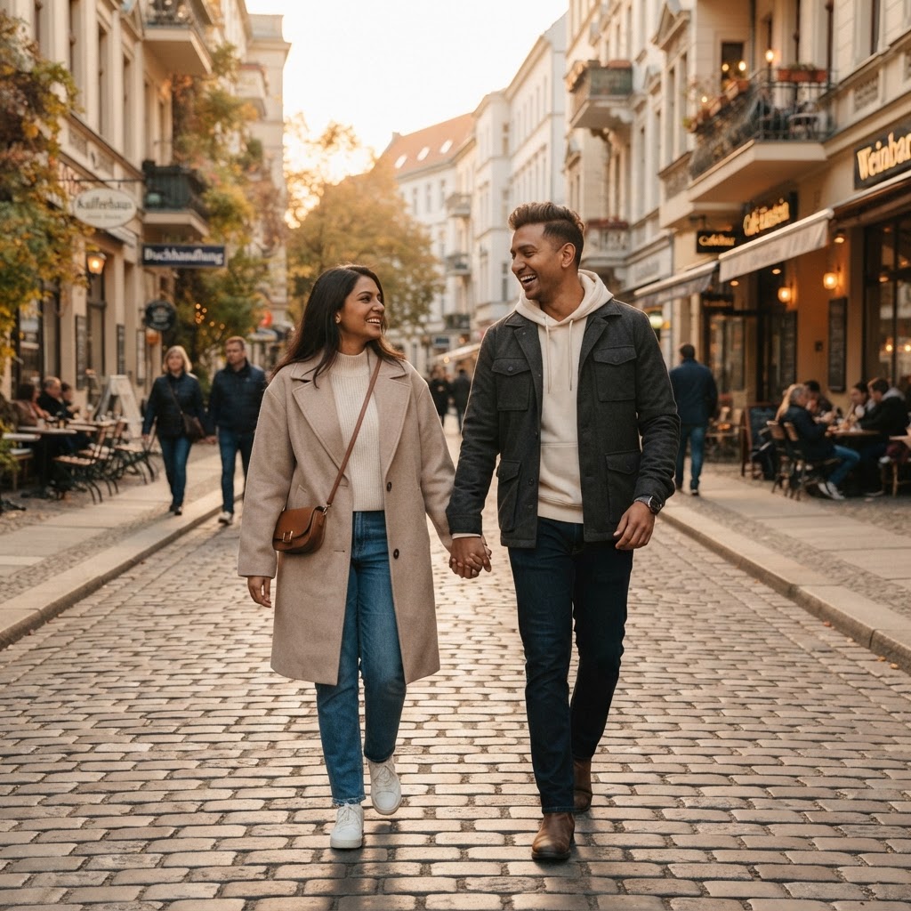 A modern Indian couple in their 30s in Western casual clothes walking through a European city
