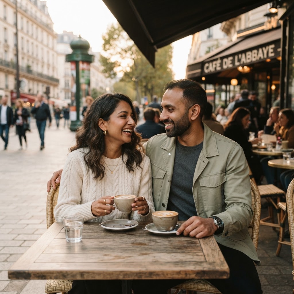 A modern Indian couple in their 30s sharing coffee at a European café terrace