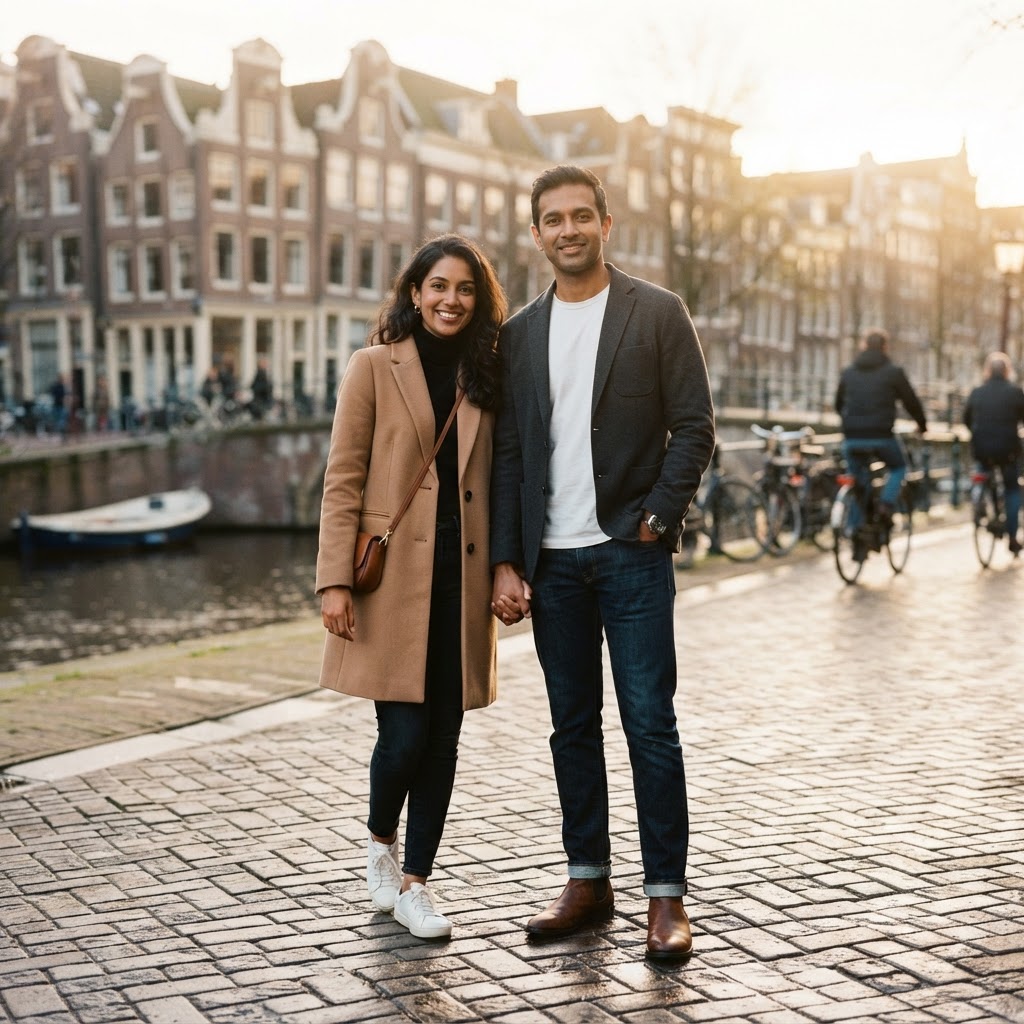 A modern Indian couple in their 30s posing on a European cobblestone street