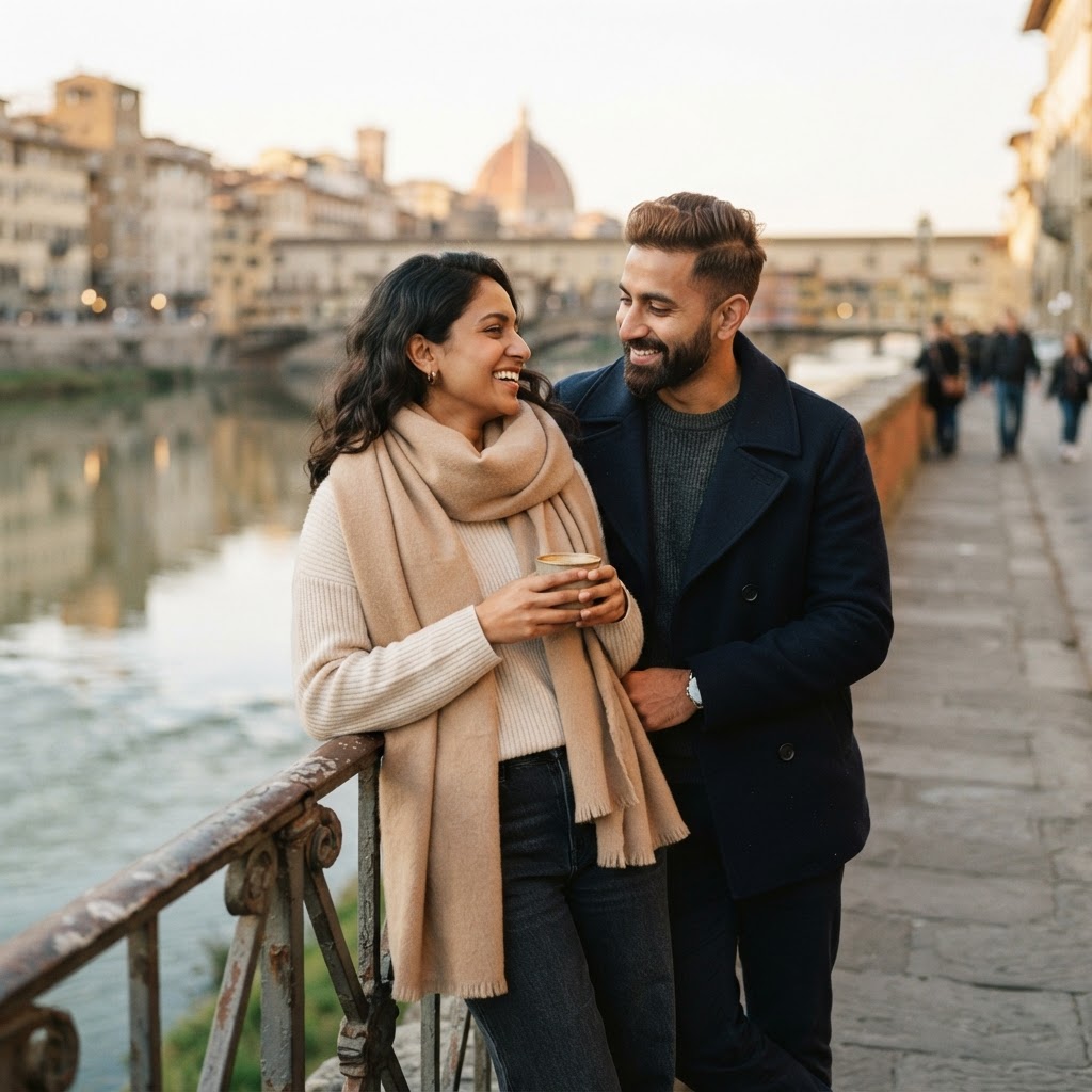A modern Indian couple in their 30s sharing a quiet riverside moment in Europe