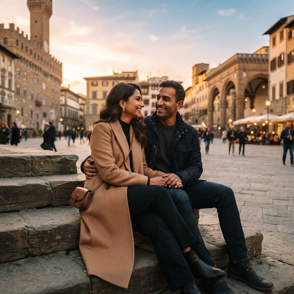 A modern Indian couple in their 30s sitting together on stone steps in a European square at sunset