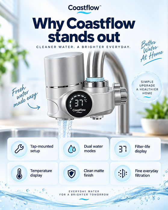 coastflow filter mounted on a kitchen tap with six feature tiles: tap-mounted setup, dual water modes, filter-life display, temperature display, clean matte finish and fine everyday filtration