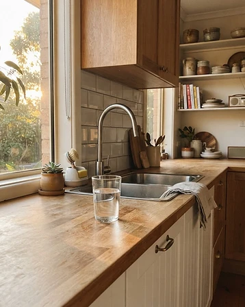 tap-mounted water filter in a compact kitchen