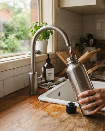 tap-mounted water filter in a lived-in home kitchen