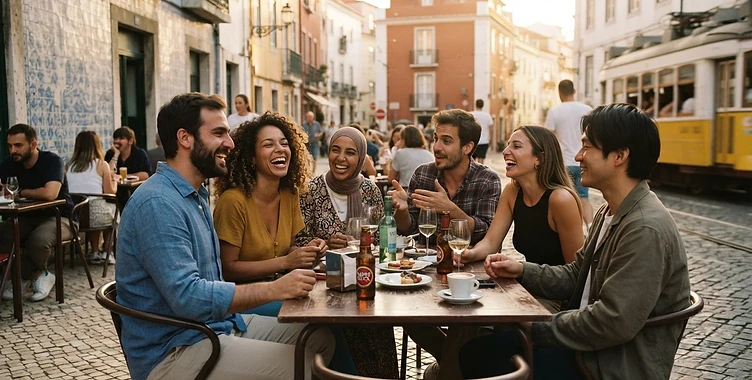 Amigos conversando em um café ao pôr do sol