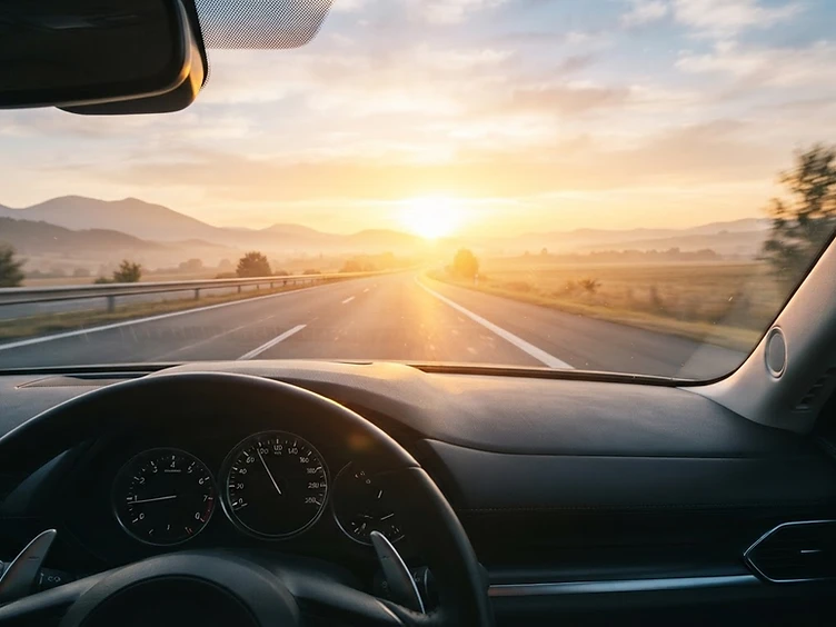 Open road at sunrise seen through a windshield