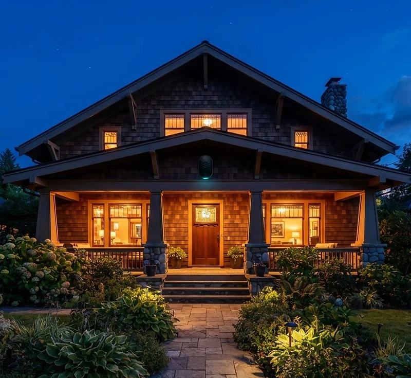 Portland craftsman home at blue hour with a security camera under the eave