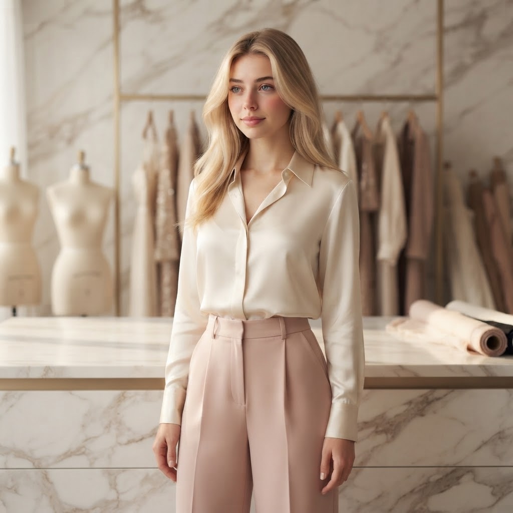 PinkRabbit couture atelier — elegant woman in cream silk blouse and blush trousers