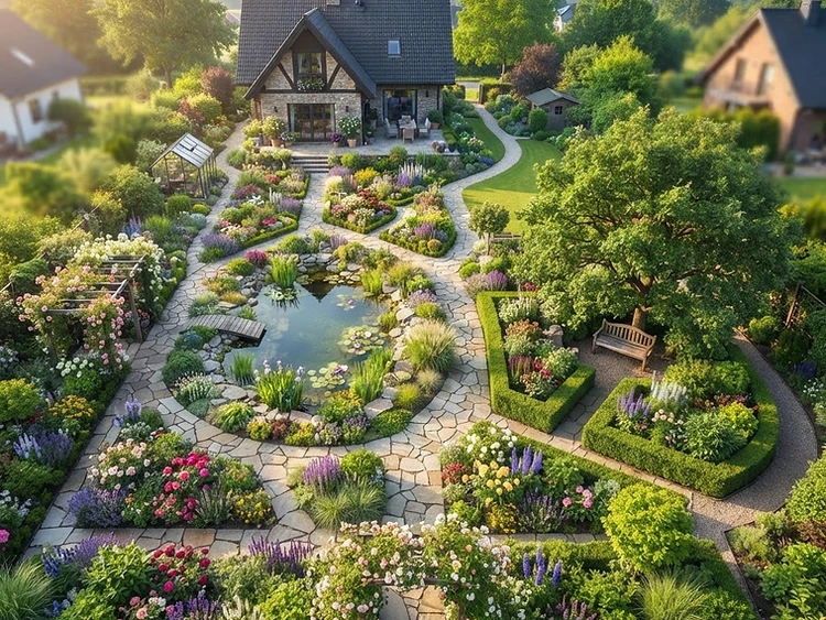 A garden laid out with flower beds, a pond, paths and a bench
