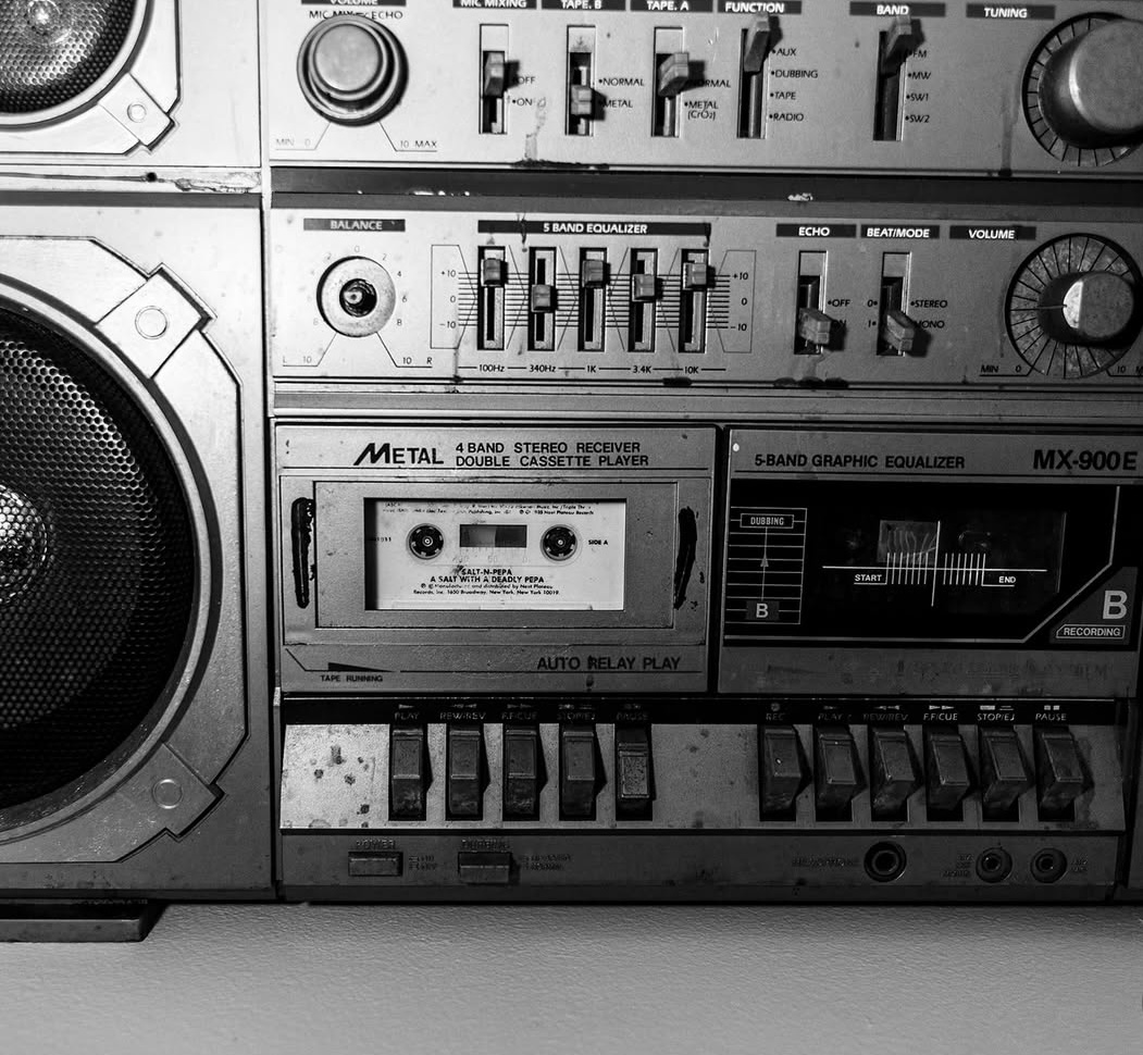 Vintage 1980s boombox stereo system in black and white