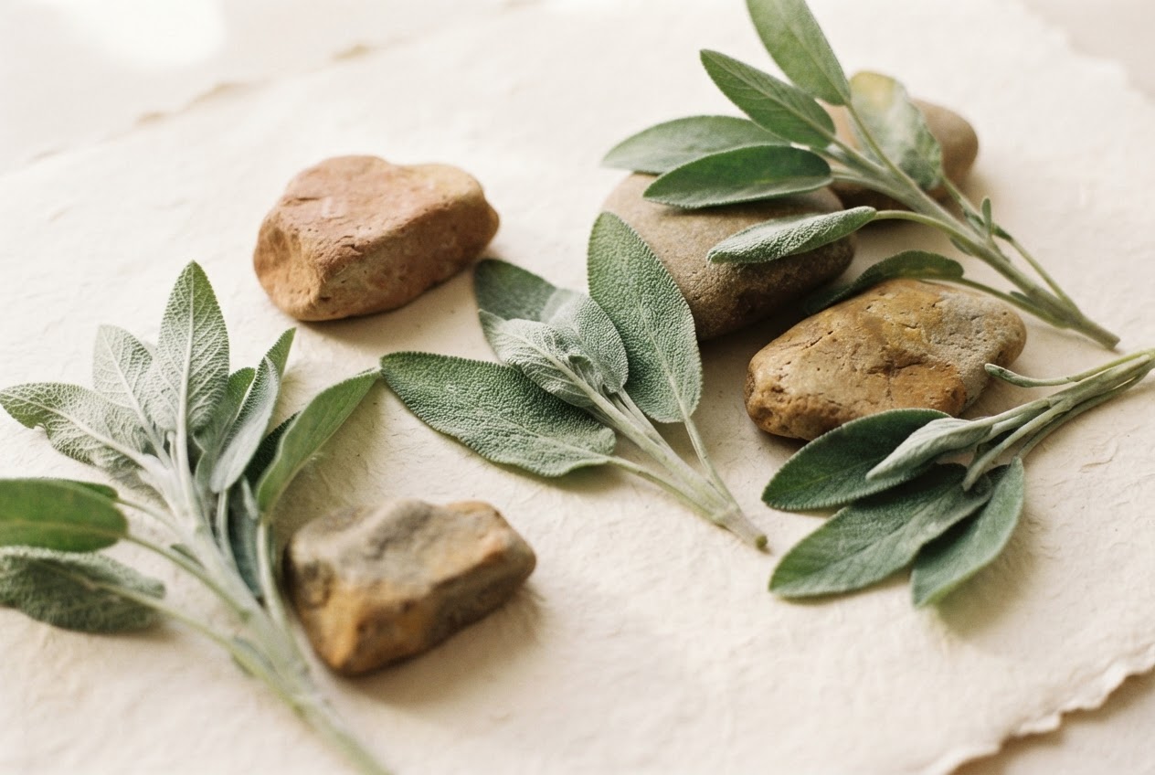 Sculptural sage leaves and clay-toned stone on a warm off-white surface