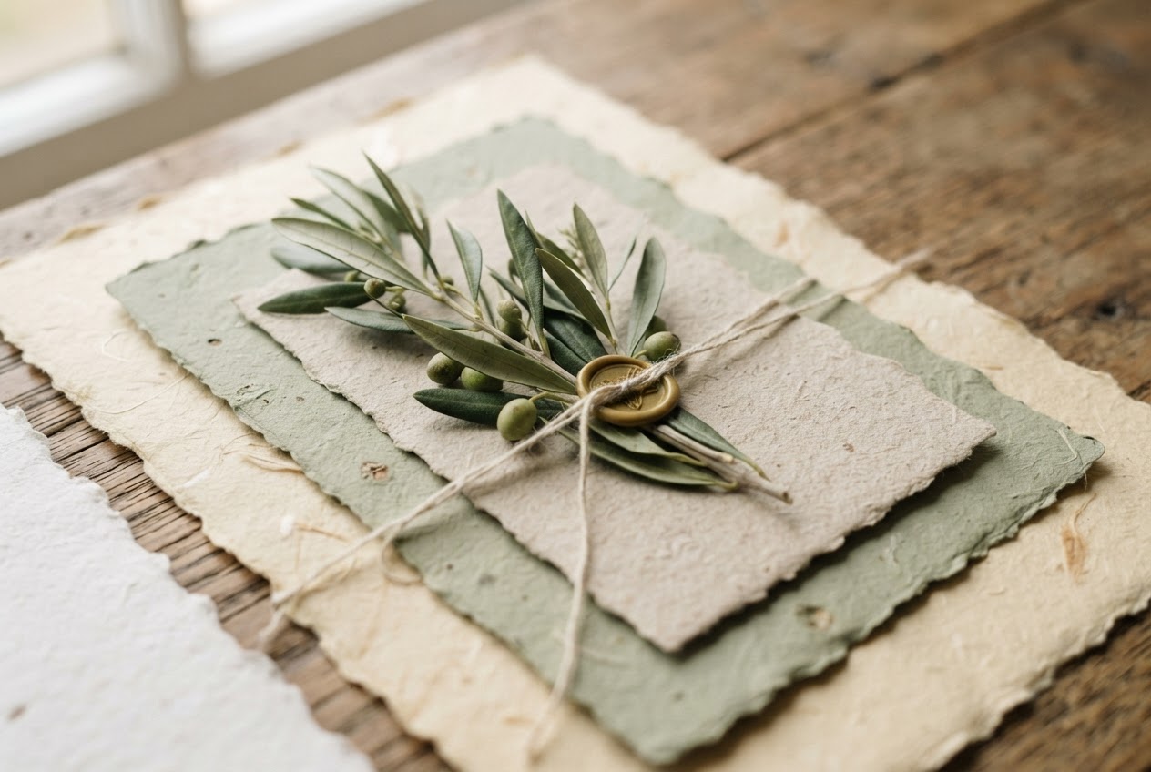 Layered handmade invitation paper with a delicate olive branch