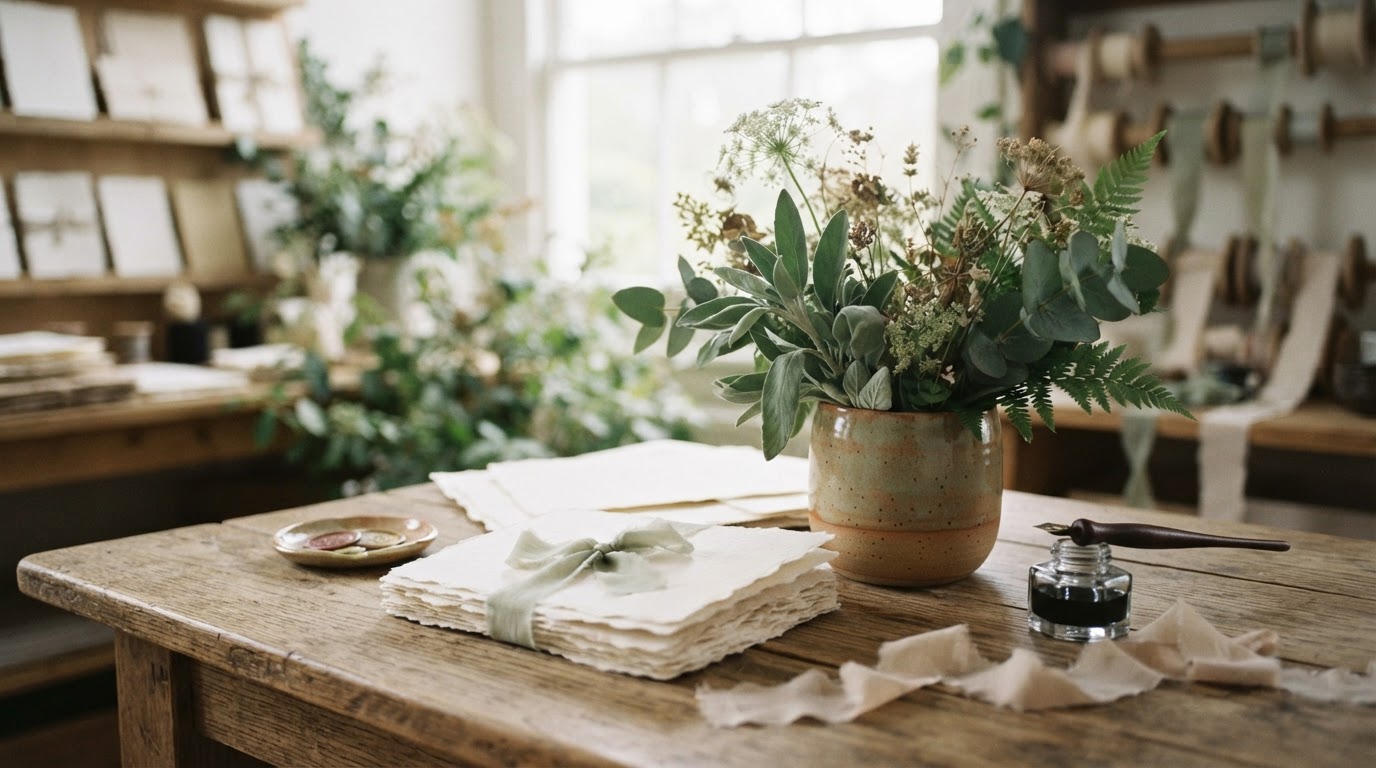 An intimate invitation atelier table with handmade paper, sage foliage and warm morning light