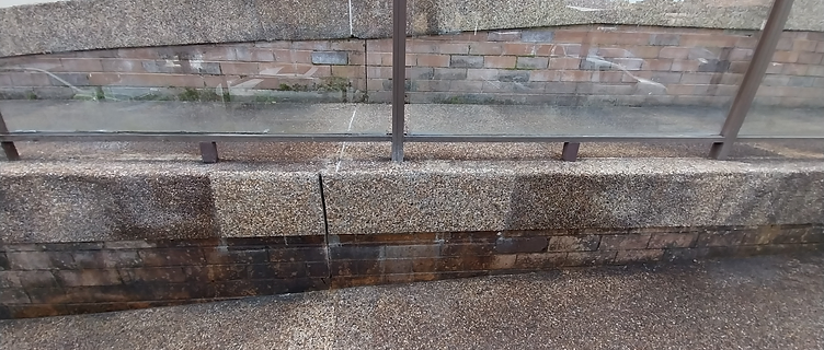 Patched pebblecrete path with new lighter aggregate section blended into the old surface