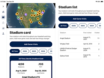 2Hito on iPad showing the interactive stadium map with stadium list