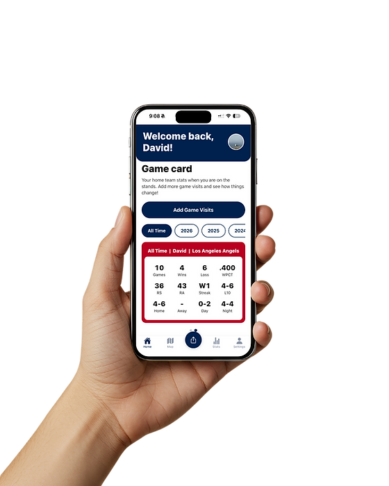 A hand holding an iPhone showing the 2Hito game card stats dashboard