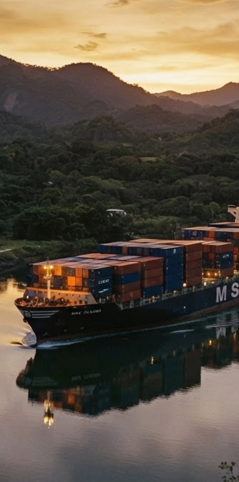 Cinematic view of the Panama Canal at dusk