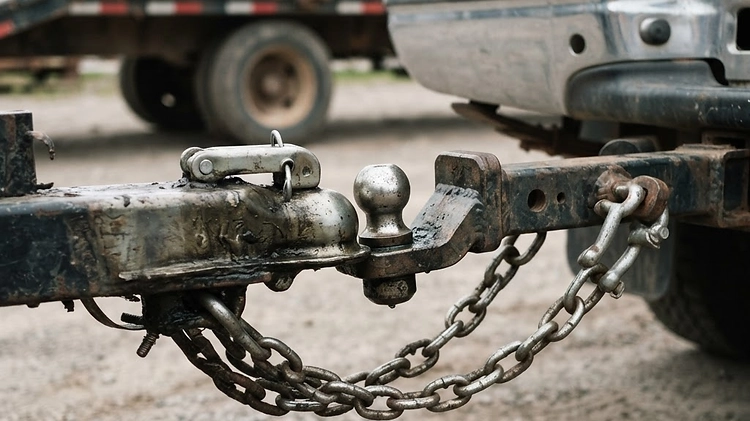 A close-up of a truck's trailer hitch connected to a heavy trailer