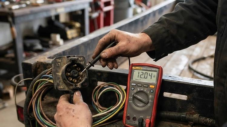 Mechanic using a digital multimeter to test trailer wiring connections