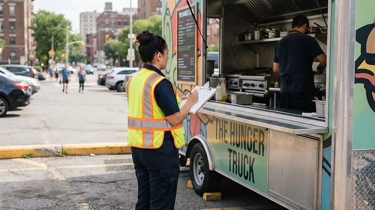Health inspector reviewing a mobile food facility route sheet