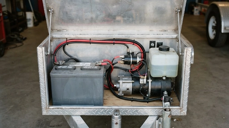Interior of an open tongue toolbox showing a deep-cycle battery, hydraulic pump reservoir, and solenoid wiring. Interior of an open tongue toolbox showing a deep-cycle battery, hydraulic pump reservoir, and solenoid wiring.
