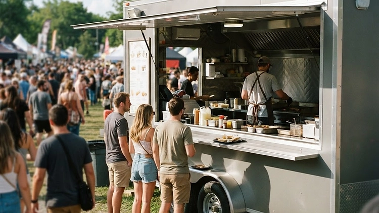 A fully equipped concession trailer parked at a busy outdoor festival serving customers