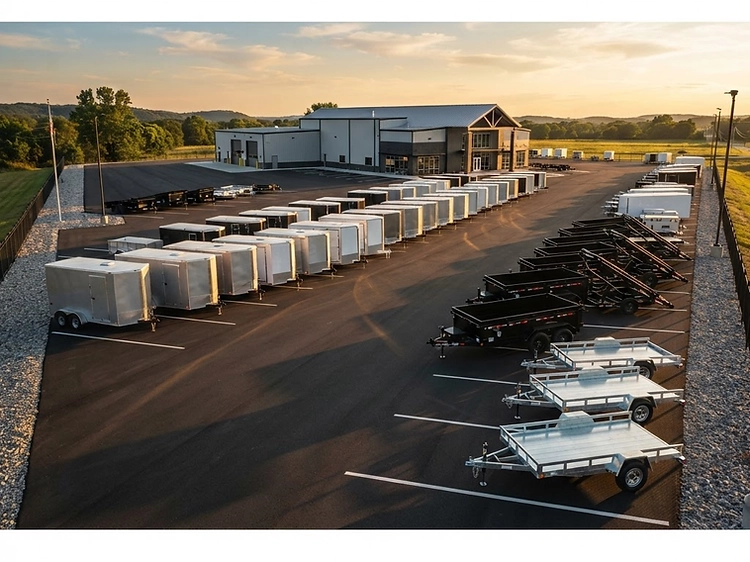 Prime Trail Trailers dealership lot at golden hour