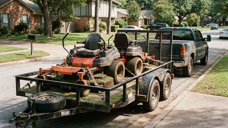Open Landscape Trailer with Mowers A commercial open landscape trailer loaded with zero-turn mowers