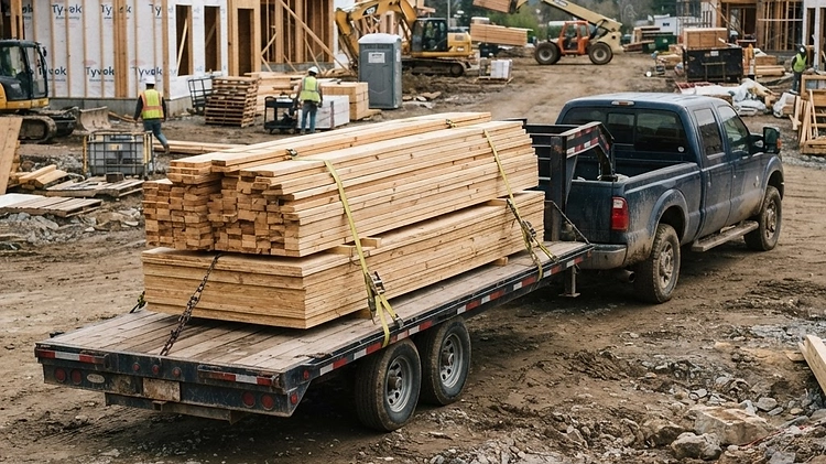 A long gooseneck flatbed trailer loaded with construction materials.