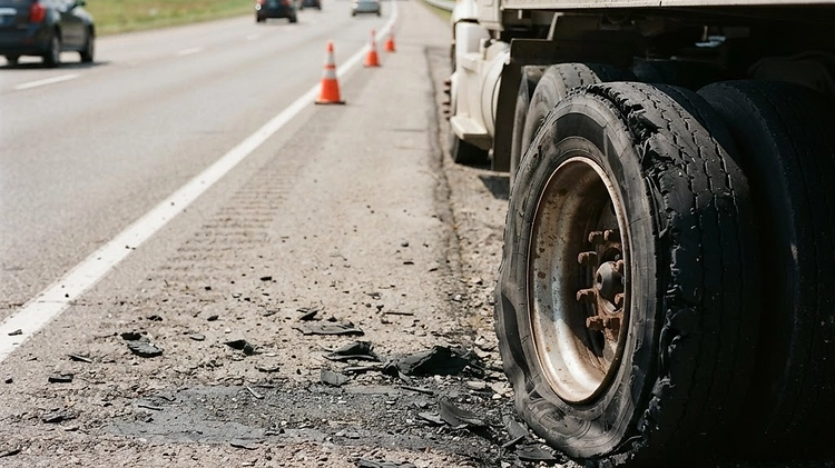 Shredded trailer tire on the side of a highway after a blowout